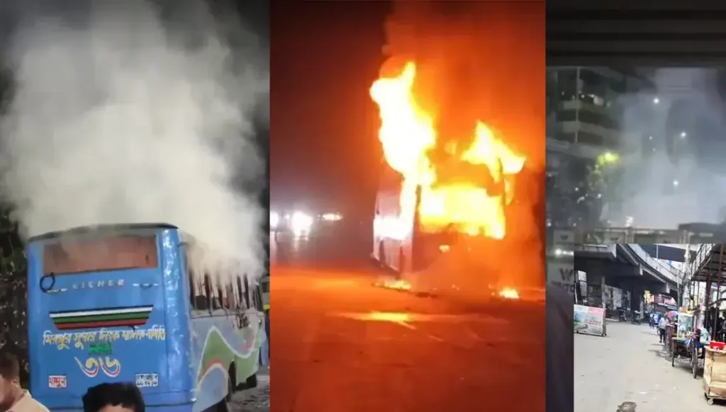 রাজধানীজুড়ে সিরিজ ককটেল বিস্ফোরণ ও তিনটি বাসে অগ্নিসংযোগ